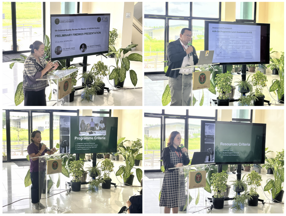 Preliminary findings on the MAS and MSW programs presented by the Reviewers: (1) Prof. Serlie B. Jamias, MAS Lead Reviewer; (2) aProf. Joel L. De Castro, MSW Lead Reviewer; (3) Prof. Melinda dP. Bandalaria, MAS External Reviewer; and (4) aProf. Blancaflor P. Arada, MSW External Reviewer.